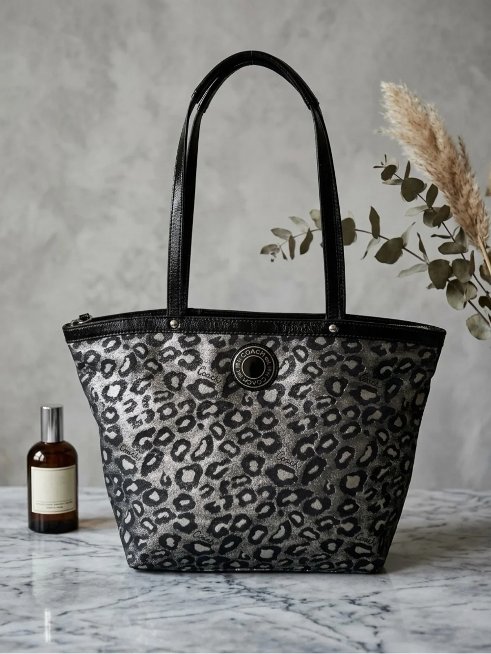 Coach Black and Silver Leopard Print Tote